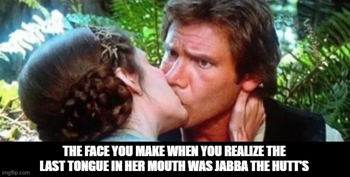 Leia Kiss | THE FACE YOU MAKE WHEN YOU REALIZE THE LAST TONGUE IN HER MOUTH WAS JABBA THE HUTT'S | image tagged in han solo,princess leia | made w/ Imgflip meme maker