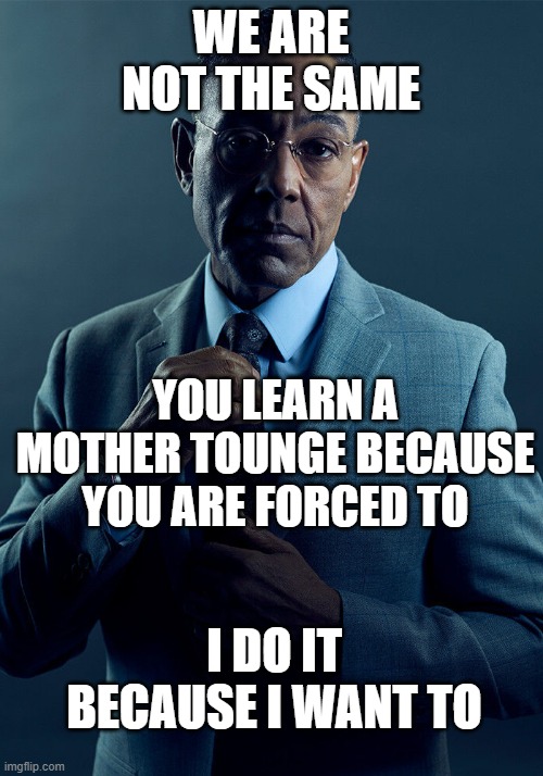 we ain't the same | WE ARE NOT THE SAME; YOU LEARN A MOTHER TOUNGE BECAUSE YOU ARE FORCED TO; I DO IT BECAUSE I WANT TO | image tagged in gus fring we are not the same | made w/ Imgflip meme maker