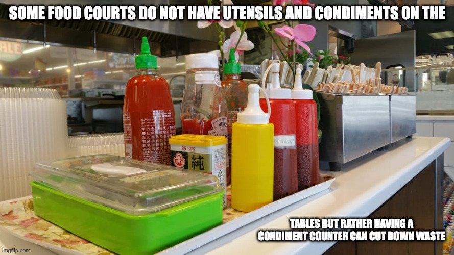 Condiment Counter | SOME FOOD COURTS DO NOT HAVE UTENSILS AND CONDIMENTS ON THE; TABLES BUT RATHER HAVING A CONDIMENT COUNTER CAN CUT DOWN WASTE | image tagged in food court,memes | made w/ Imgflip meme maker