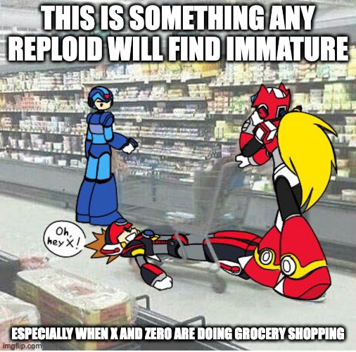 Axl on Cart | THIS IS SOMETHING ANY REPLOID WILL FIND IMMATURE; ESPECIALLY WHEN X AND ZERO ARE DOING GROCERY SHOPPING | image tagged in megaman,megaman x,memes | made w/ Imgflip meme maker