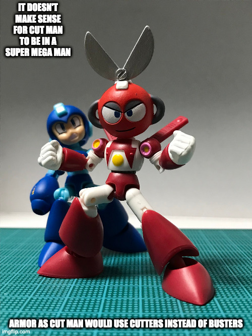 Cut Man in Super Mega Man Armor | IT DOESN'T MAKE SENSE FOR CUT MAN TO BE IN A SUPER MEGA MAN; ARMOR AS CUT MAN WOULD USE CUTTERS INSTEAD OF BUSTERS | image tagged in cutman,megaman,memes | made w/ Imgflip meme maker