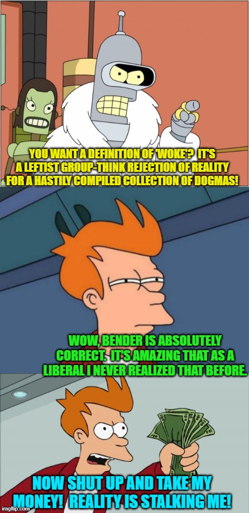 I wonder how many liberals get the feeling that reality is stalking them? | YOU WANT A DEFINITION OF 'WOKE'?  IT'S A LEFTIST GROUP-THINK REJECTION OF REALITY FOR A HASTILY COMPILED COLLECTION OF DOGMAS! WOW, BENDER IS ABSOLUTELY CORRECT.  IT'S AMAZING THAT AS A LIBERAL I NEVER REALIZED THAT BEFORE. NOW SHUT UP AND TAKE MY MONEY!  REALITY IS STALKING ME! | image tagged in bender | made w/ Imgflip meme maker