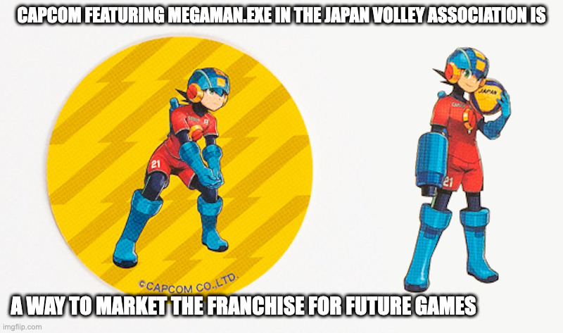 Mega Man Battle Network in Japan Volleyball Association | CAPCOM FEATURING MEGAMAN.EXE IN THE JAPAN VOLLEY ASSOCIATION IS; A WAY TO MARKET THE FRANCHISE FOR FUTURE GAMES | image tagged in megaman,megaman battle network,megamanexe,memes | made w/ Imgflip meme maker