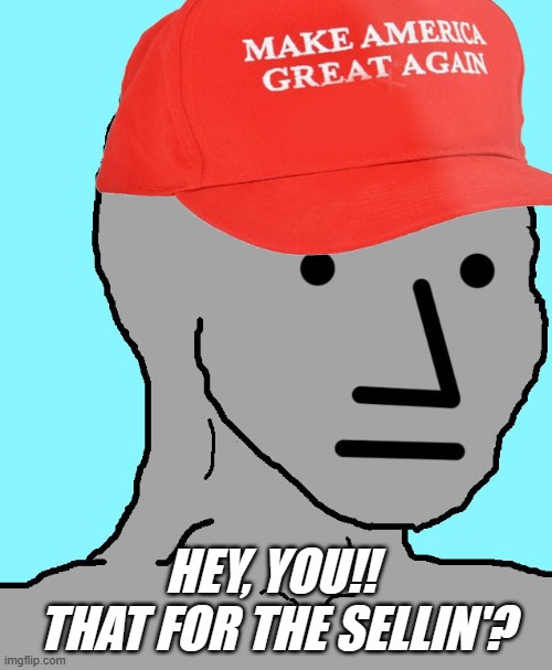 MAGA NPC | HEY, YOU!!  THAT FOR THE SELLIN'? | image tagged in maga npc | made w/ Imgflip meme maker