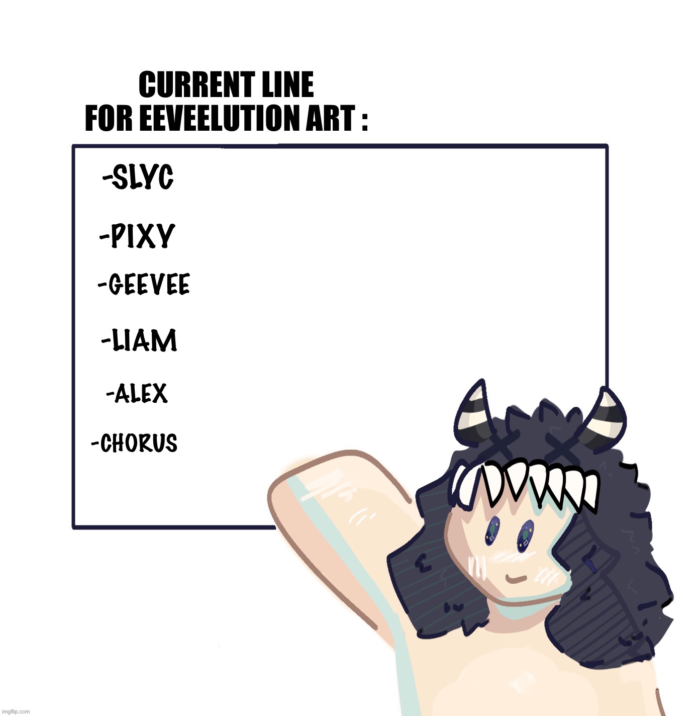 Sorry if your art takes awhile | -SLYC; CURRENT LINE FOR EEVEELUTION ART :; -PIXY; -GEEVEE; -LIAM; -ALEX; -CHORUS | image tagged in art tips with cinder | made w/ Imgflip meme maker
