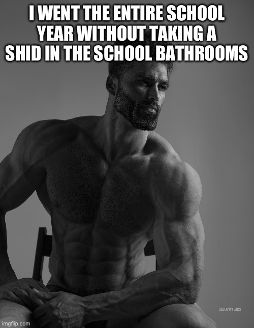 Giga Chad | I WENT THE ENTIRE SCHOOL YEAR WITHOUT TAKING A SHID IN THE SCHOOL BATHROOMS | image tagged in giga chad | made w/ Imgflip meme maker