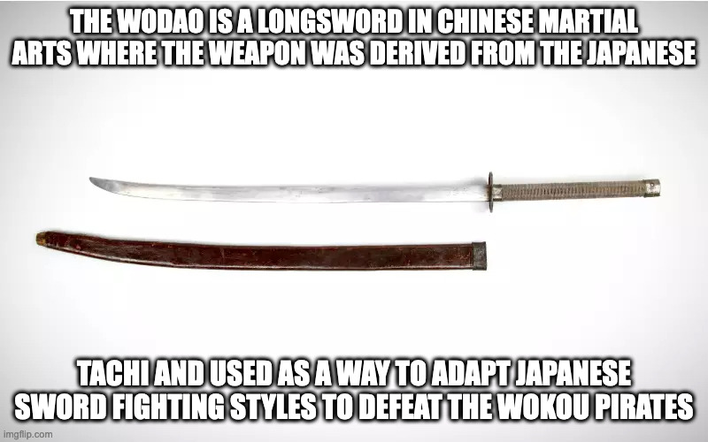 Wodao | THE WODAO IS A LONGSWORD IN CHINESE MARTIAL ARTS WHERE THE WEAPON WAS DERIVED FROM THE JAPANESE; TACHI AND USED AS A WAY TO ADAPT JAPANESE SWORD FIGHTING STYLES TO DEFEAT THE WOKOU PIRATES | image tagged in weapons,sword,memes | made w/ Imgflip meme maker