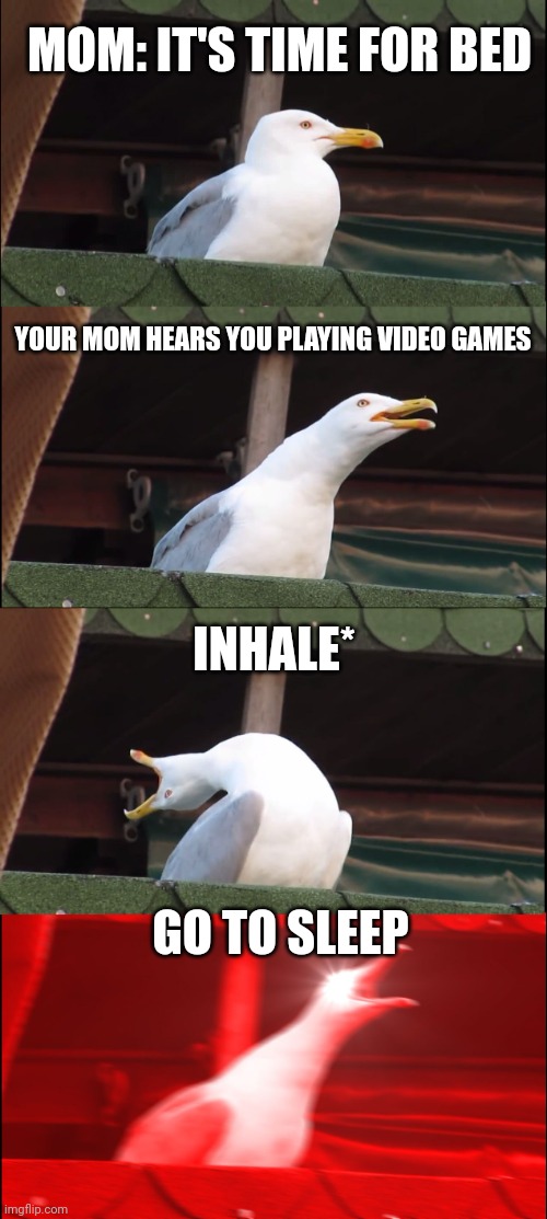 Inhaling Seagull Meme | MOM: IT'S TIME FOR BED; YOUR MOM HEARS YOU PLAYING VIDEO GAMES; INHALE*; GO TO SLEEP | image tagged in memes,inhaling seagull | made w/ Imgflip meme maker