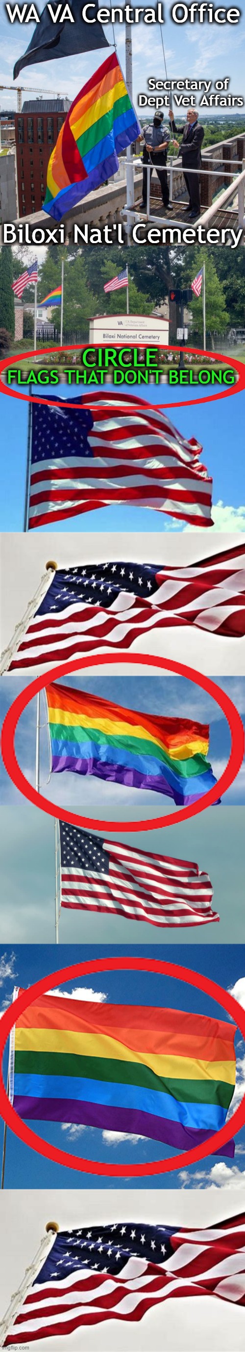 This "IN YOUR FACE" Agenda Has Gone Off The Rails... | WA VA Central Office; Secretary of 
Dept Vet Affairs; CIRCLE; Biloxi Nat'l Cemetery; FLAGS THAT DON'T BELONG | image tagged in politics,liberalism,leftists,american flag,gay pride flag,in your face | made w/ Imgflip meme maker