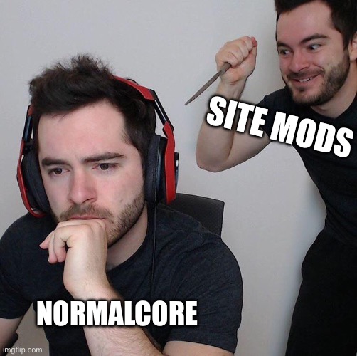 all over a religion debate ? site mods are snowflakes | SITE MODS; NORMALCORE | image tagged in backstab | made w/ Imgflip meme maker