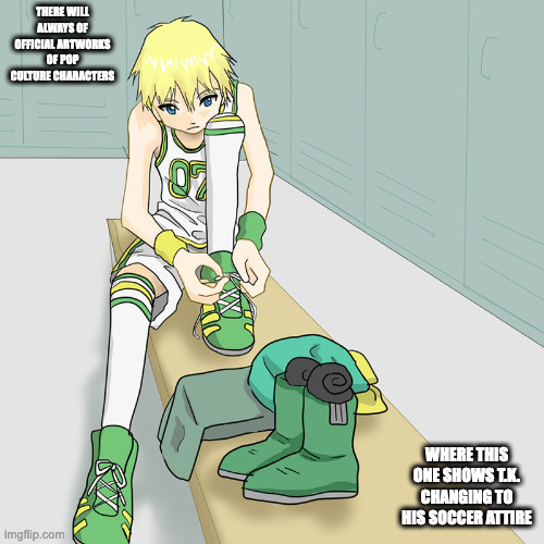 T.K. in Soccer Attire | THERE WILL ALWAYS OF OFFICIAL ARTWORKS OF POP CULTURE CHARACTERS; WHERE THIS ONE SHOWS T.K. CHANGING TO HIS SOCCER ATTIRE | image tagged in tk,digimon,memes | made w/ Imgflip meme maker