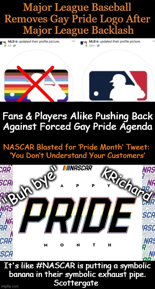This Beer's For You | Fans & Players Alike Pushing Back
Against Forced Gay Pride Agenda; NASCAR Blasted for ‘Pride Month’ Tweet: 
‘You Don’t Understand Your Customers’; KRichard; "Buh bye"; It's like #NASCAR is putting a symbolic 
banana in their symbolic exhaust pipe. Scottergate | image tagged in politics,political humor,baseball,nascar,bud light,gay pride | made w/ Imgflip meme maker