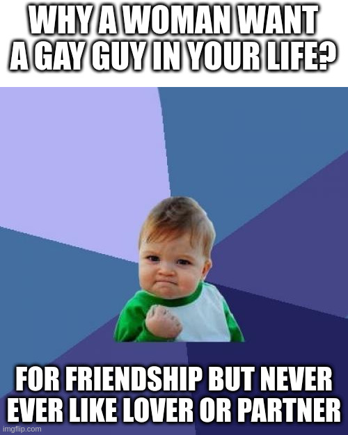 friendship | WHY A WOMAN WANT A GAY GUY IN YOUR LIFE? FOR FRIENDSHIP BUT NEVER EVER LIKE LOVER OR PARTNER | image tagged in memes,success kid | made w/ Imgflip meme maker