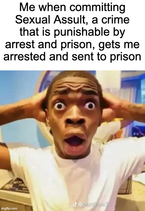 Shocked black guy | Me when committing Sexual Assult, a crime that is punishable by arrest and prison, gets me arrested and sent to prison | image tagged in shocked black guy | made w/ Imgflip meme maker