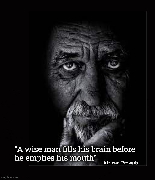 A wise man fills his brain before he empties his mouth | "A wise man fills his brain before
he empties his mouth"; African Proverb | image tagged in african proverb | made w/ Imgflip meme maker