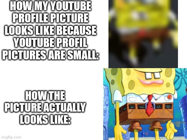 HOW MY YOUTUBE PROFILE PICTURE LOOKS LIKE BECAUSE YOUTUBE PROFIL PICTURES ARE SMALL:; HOW THE PICTURE ACTUALLY LOOKS LIKE: | image tagged in spongebob,youtube | made w/ Imgflip meme maker