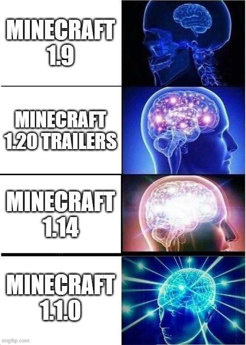 mojang | MINECRAFT 1.9; MINECRAFT 1.20 TRAILERS; MINECRAFT 1.14; MINECRAFT 1.1.0 | image tagged in memes,expanding brain | made w/ Imgflip meme maker