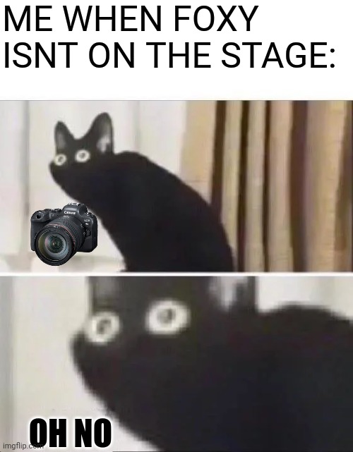 OH NO | ME WHEN FOXY ISNT ON THE STAGE:; OH NO | image tagged in oh no black cat,foxy,fnaf,oh no | made w/ Imgflip meme maker