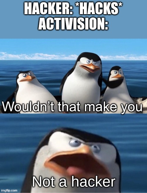 Wouldn’t that make you | HACKER: *HACKS*
ACTIVISION:; Not a hacker | image tagged in wouldn t that make you | made w/ Imgflip meme maker