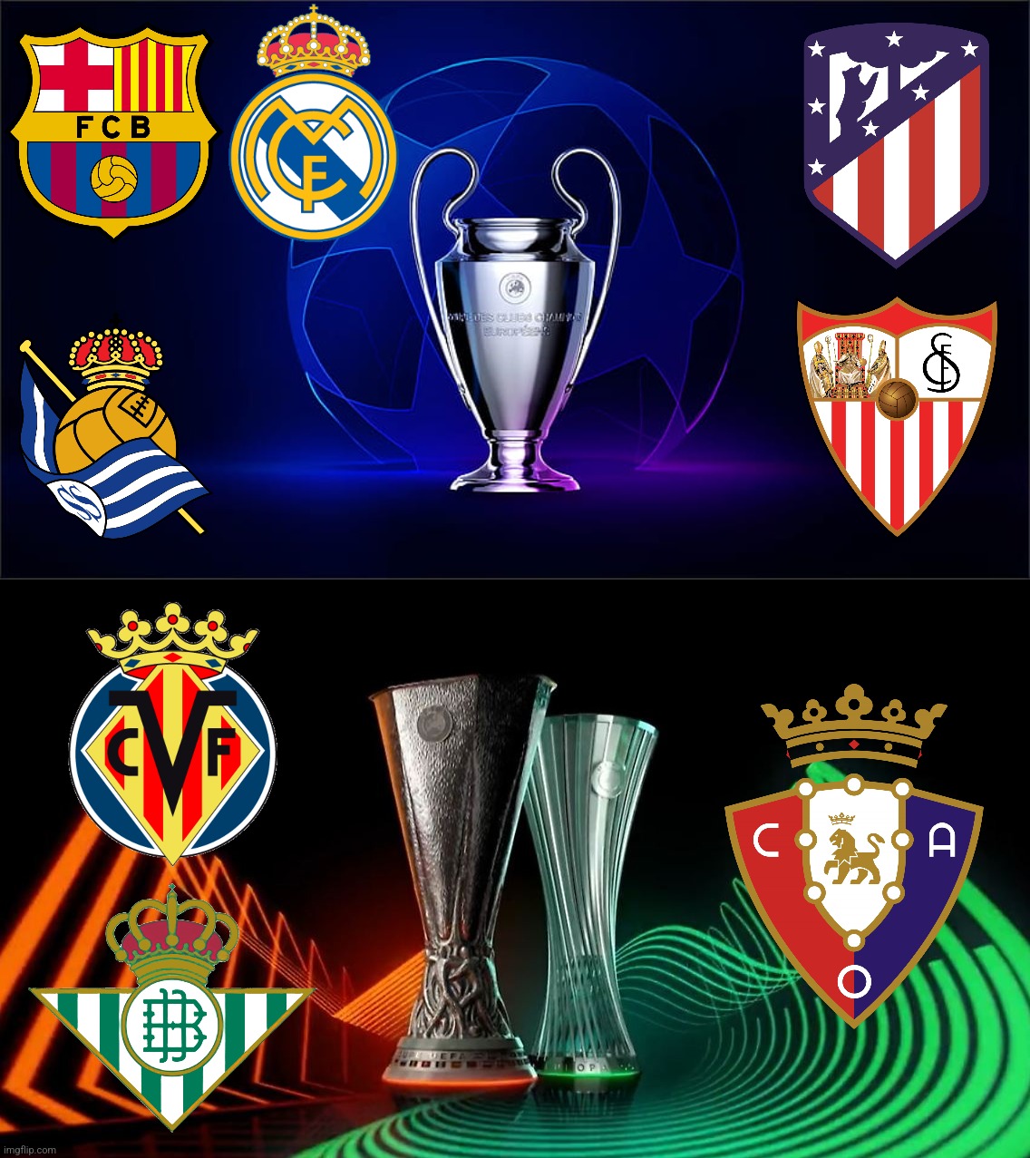 Spanish La Liga Teams that would compete in the European Competitions 2023-2024 (Champions,Europa,Conference League) | image tagged in la liga,champions league,europa league,europa conference league,futbol,spain | made w/ Imgflip meme maker