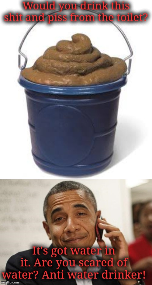 Would you drink this shit and piss from the toilet? It's got water in it. Are you scared of water? Anti water drinker! | image tagged in bucket of shit,obama smug | made w/ Imgflip meme maker