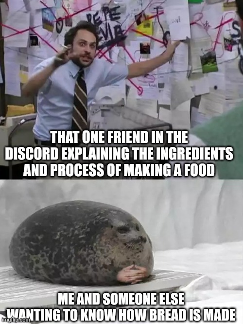 Bread | THAT ONE FRIEND IN THE DISCORD EXPLAINING THE INGREDIENTS AND PROCESS OF MAKING A FOOD; ME AND SOMEONE ELSE WANTING TO KNOW HOW BREAD IS MADE | image tagged in man explaining to seal,memes,funny,discord,me and the boys,bread | made w/ Imgflip meme maker