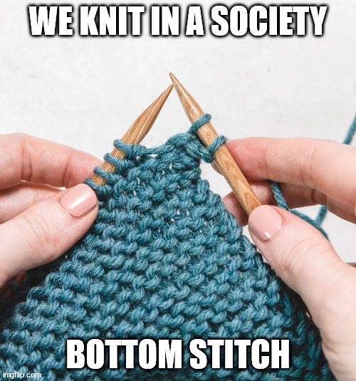 Dumb knitting meme | WE KNIT IN A SOCIETY; BOTTOM STITCH | image tagged in knitting | made w/ Imgflip meme maker