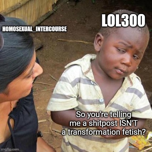 Bruh why :skull: | HOMOSEXUAL_INTERCOURSE; LOL300; So you're telling me a shitpost ISN'T a transformation fetish? | image tagged in memes,third world skeptical kid | made w/ Imgflip meme maker