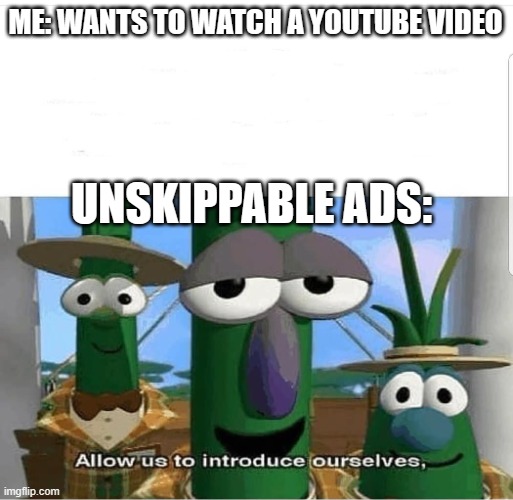 Youtube be like: | ME: WANTS TO WATCH A YOUTUBE VIDEO; UNSKIPPABLE ADS: | image tagged in allow us to introduce ourselves | made w/ Imgflip meme maker