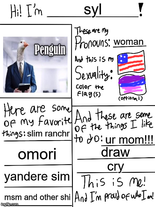 i forgowhat the bi flafg looks like | syl; woman; slim ranchr; ur mom!!! omori; draw; cry; yandere sim; msm and other shi | image tagged in lgbtq stream account profile | made w/ Imgflip meme maker