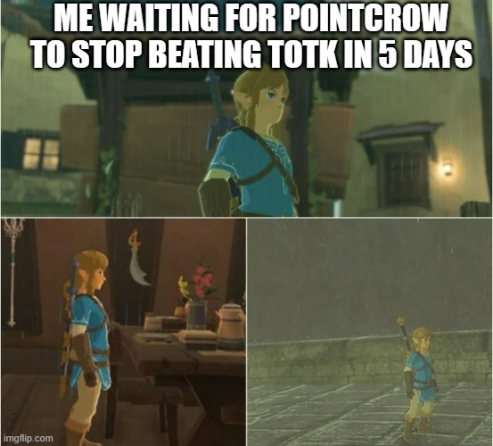 idk | ME WAITING FOR POINTCROW TO STOP BEATING TOTK IN 5 DAYS | image tagged in still waiting | made w/ Imgflip meme maker