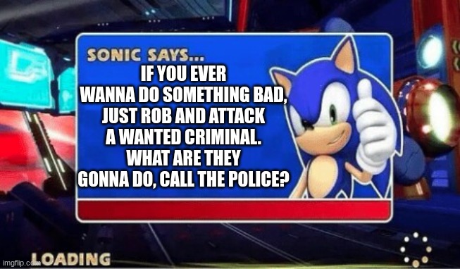 Sonic Says | IF YOU EVER WANNA DO SOMETHING BAD, JUST ROB AND ATTACK A WANTED CRIMINAL. WHAT ARE THEY GONNA DO, CALL THE POLICE? | image tagged in sonic says | made w/ Imgflip meme maker