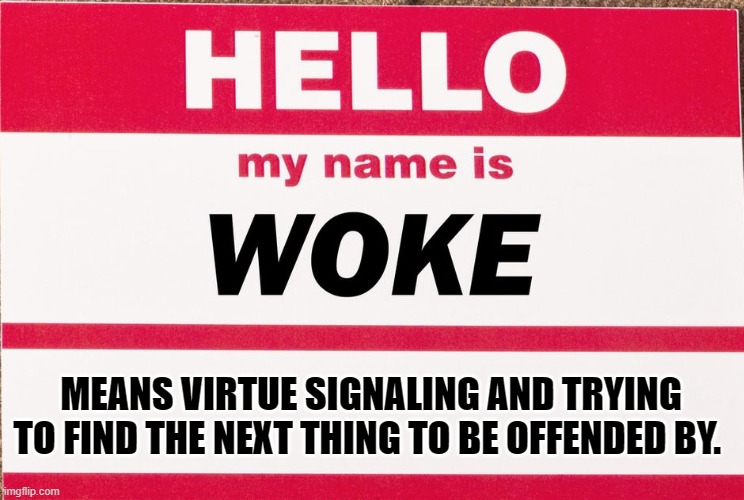 My name is WOKE,, | MEANS VIRTUE SIGNALING AND TRYING TO FIND THE NEXT THING TO BE OFFENDED BY. | image tagged in woke,sjw,democrat | made w/ Imgflip meme maker