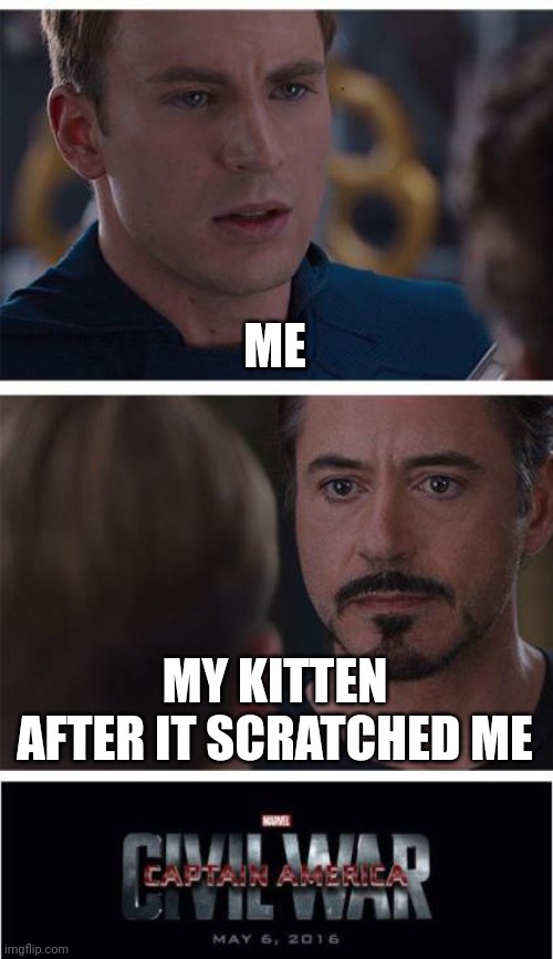 Kitten attack | ME; MY KITTEN AFTER IT SCRATCHED ME | image tagged in memes,marvel civil war 1 | made w/ Imgflip meme maker