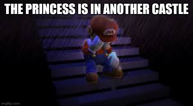 Sad mario | THE PRINCESS IS IN ANOTHER CASTLE | image tagged in sad mario | made w/ Imgflip meme maker