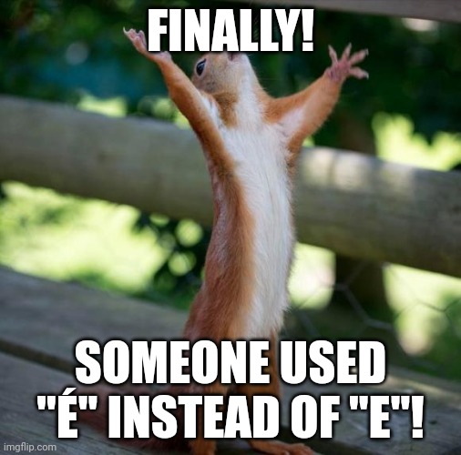 finally | FINALLY! SOMEONE USED "É" INSTEAD OF "E"! | image tagged in finally | made w/ Imgflip meme maker