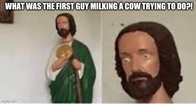 What was he doing? | WHAT WAS THE FIRST GUY MILKING A COW TRYING TO DO?! | image tagged in concerned christ | made w/ Imgflip meme maker