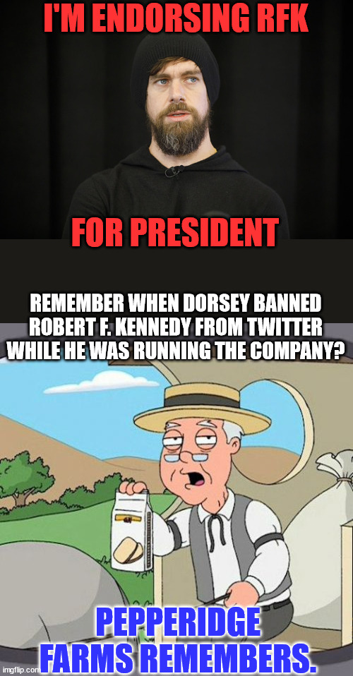 Meet Jack Dorsey...  Liberal hypocrite... | I'M ENDORSING RFK; FOR PRESIDENT; REMEMBER WHEN DORSEY BANNED ROBERT F. KENNEDY FROM TWITTER WHILE HE WAS RUNNING THE COMPANY? PEPPERIDGE FARMS REMEMBERS. | image tagged in jack dorsey,memes,pepperidge farm remembers | made w/ Imgflip meme maker