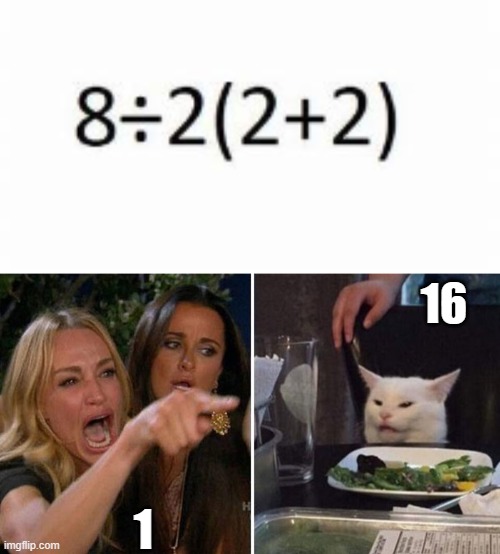 16; 1 | image tagged in woman yelling at white cat | made w/ Imgflip meme maker