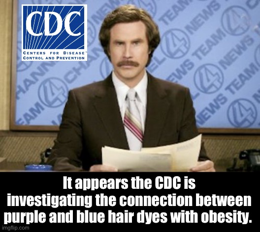 Possible | It appears the CDC is investigating the connection between purple and blue hair dyes with obesity. | image tagged in memes,ron burgundy,politics lol | made w/ Imgflip meme maker