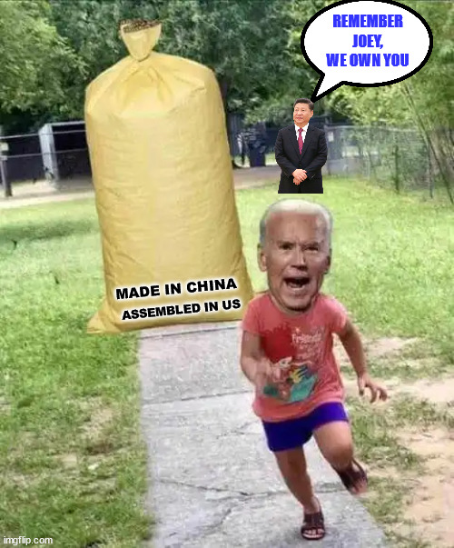 Yes, everyone knows who owns Joe Biden... | REMEMBER JOEY, WE OWN YOU; MADE IN CHINA; ASSEMBLED IN US | image tagged in china,puppet,joe biden | made w/ Imgflip meme maker