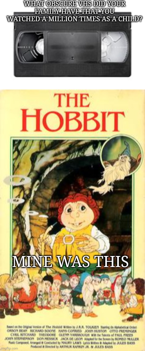 The soundtrack in this movie was a banger | WHAT OBSCURE VHS DID YOUR FAMILY HAVE THAT YOU WATCHED A MILLION TIMES AS A CHILD? MINE WAS THIS | image tagged in childhood,the hobbit,vhs | made w/ Imgflip meme maker