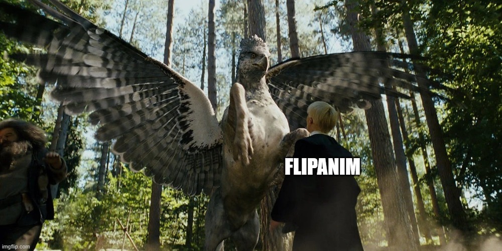 No more Flipanim | FLIPANIM | image tagged in buckbeak attacking draco malfoy | made w/ Imgflip meme maker