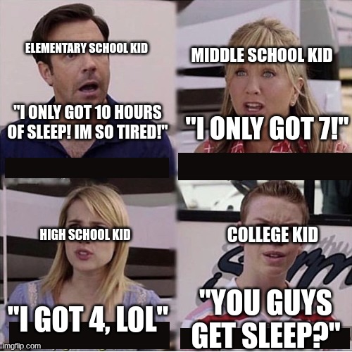 relatable | ELEMENTARY SCHOOL KID; MIDDLE SCHOOL KID; "I ONLY GOT 10 HOURS OF SLEEP! IM SO TIRED!"; "I ONLY GOT 7!"; HIGH SCHOOL KID; COLLEGE KID; "YOU GUYS GET SLEEP?"; "I GOT 4, LOL" | image tagged in you guys are getting paid template | made w/ Imgflip meme maker