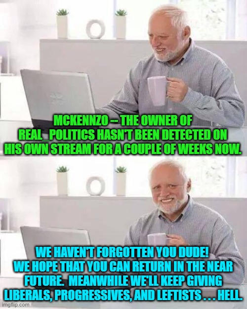 I have no idea what happened to him.  But I do hope he returns. | MCKENNZO -- THE OWNER OF REAL_POLITICS HASN'T BEEN DETECTED ON HIS OWN STREAM FOR A COUPLE OF WEEKS NOW. WE HAVEN'T FORGOTTEN YOU DUDE!  WE HOPE THAT YOU CAN RETURN IN THE NEAR FUTURE.  MEANWHILE WE'LL KEEP GIVING LIBERALS, PROGRESSIVES, AND LEFTISTS . . . HELL. | image tagged in hide the pain harold | made w/ Imgflip meme maker
