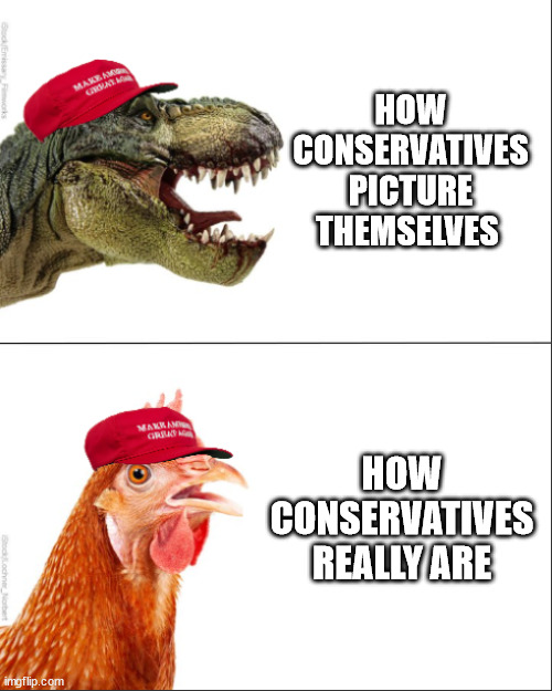 MAGA Rex vs MAGA Chicken | HOW CONSERVATIVES PICTURE THEMSELVES; HOW CONSERVATIVES REALLY ARE | image tagged in maga rex vs maga chicken | made w/ Imgflip meme maker