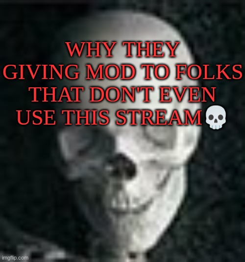 Skull | WHY THEY GIVING MOD TO FOLKS THAT DON'T EVEN USE THIS STREAM💀 | image tagged in skull | made w/ Imgflip meme maker