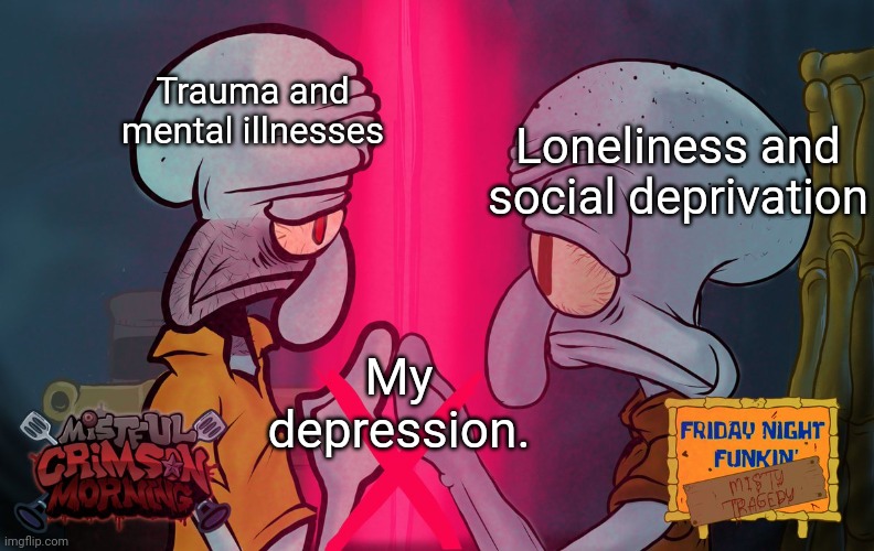 Red mist squidward and red mist squidward | Trauma and mental illnesses Loneliness and social deprivation My depression. | image tagged in red mist squidward and red mist squidward | made w/ Imgflip meme maker