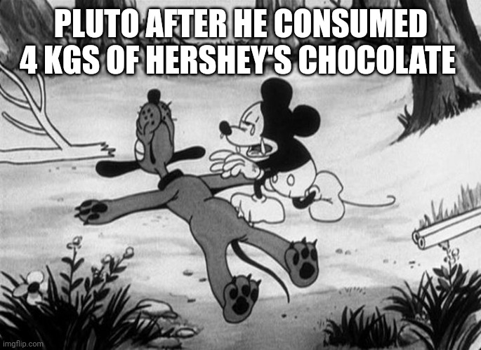 PSA: Just don't feed dogs chocolate or your dog will die like what happened to Pluto | PLUTO AFTER HE CONSUMED 4 KGS OF HERSHEY'S CHOCOLATE | image tagged in mickey mouse with dead pluto,memes,chocolate,dogs,toxic,psa | made w/ Imgflip meme maker