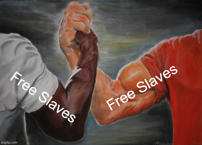 Epic Handshake | Free Slaves; Free Slaves | image tagged in memes,epic handshake | made w/ Imgflip meme maker